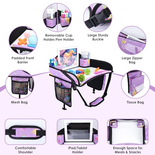 Kids Travel Tray for Car Airplane - Toddler Car Seat Table Tray, Road Trip Essentials for Boys & Girls, Carseat Lap Desk for Kids Road Trip Activities (Purple Mermaid) - color: Purple Mermaid