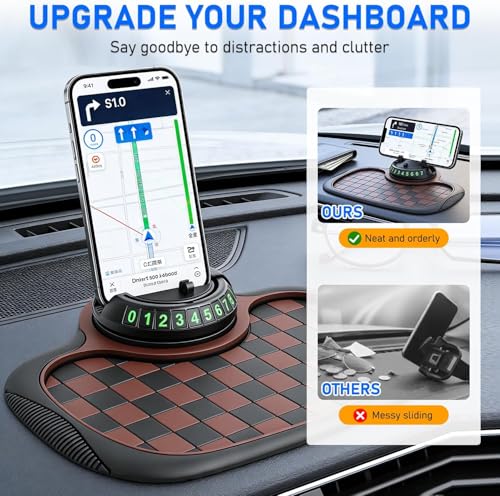 Multifunction Car Anti Slip Dashboard Mat with 360° Rotatable Phone Holder, Temporary Parking Number, Organizer for Phone Sunglasses Keys (Brown) - color: brown