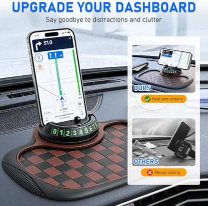 Multifunction Car Anti Slip Dashboard Mat with 360° Rotatable Phone Holder, Temporary Parking Number, Organizer for Phone Sunglasses Keys (Black) - color: black