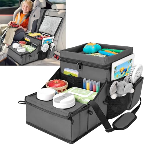 COOLBEBE Car Seat Organizer, Backseat Car Organizer with Cup Holders for Kids and Adults Travel, Cooler Compartment Passenger Seat Organizer Storage Box for Front or Middle Seat, Grey - color: Grey