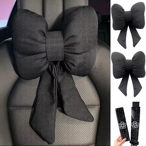 Car Seat Neck Pillow Elegant Bow Car Headrest Pillow Set - Cotton Linen Neck Cushion Universal Fit for Women Comes with 2 Seat Belt Covers (Black Set 4Pcs) - color: Black Set 4pcs