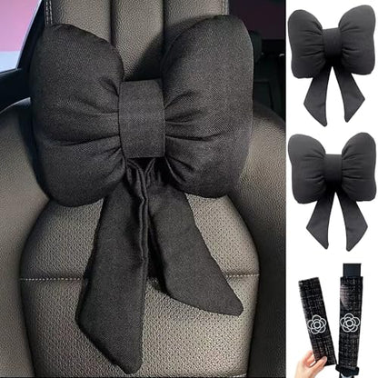 Car Seat Neck Pillow Elegant Bow Car Headrest Pillow Set - Cotton Linen Neck Cushion Universal Fit for Women Comes with 2 Seat Belt Covers (Black Set 4Pcs) - color: Black Set 4pcs