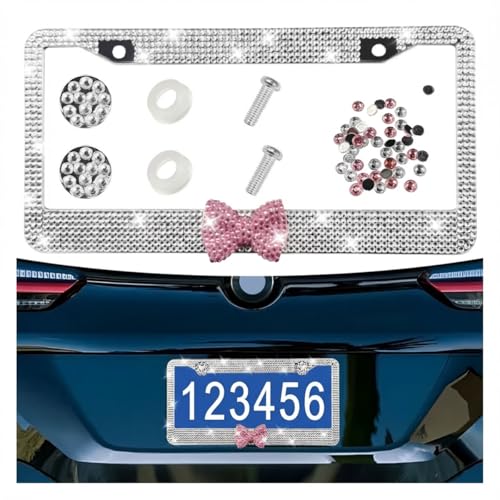Bling Bow Car License Plate Frame, Sparkly Rhinestone Automotive License Plate Holder with Screws, Stainless Steel Vehicle Tag Decoration Cover Accessories for Women Men(White&Pink) - color: White&Pink