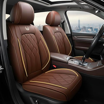 OASIS AUTO Car Seat Covers Full Set Premium Waterproof Faux Leather Cushion Universal Accessories Fit SUV Truck Sedan Automotive Vehicle Auto Interior Protector (013-Brown) - color: 013-Brown