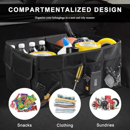 Car Trunk Backseat Organizer, Collapsible Multi Compartment Cargo Storage Box with Pockets, Waterproof Sturdy Oxford Trunk Organizer for SUV Truck Van, Car Accessories