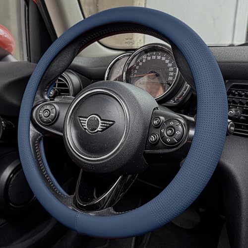 PINCTROT Large Size Nappa Leather Steering Wheel Cover, Slim Fit No Bulk Design, One Piece Leather with Breathable Perforation, Fit Like Gloves, 15.5-15.75 Inch(Nappa Smoky Blue) - color: 03.Smoky Blue, size: Large Size[15 1/2''-15 3/4'']