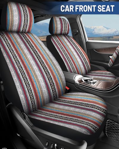 Baja Saddle Blanket Car Seat Covers Front Set with Seat Belt Pads, Washable Breathable Striped Woven Cloth Seat Covers for Cars, SUV, Truck, Airbag Compatible(Red) - color: Red, size: Front Set