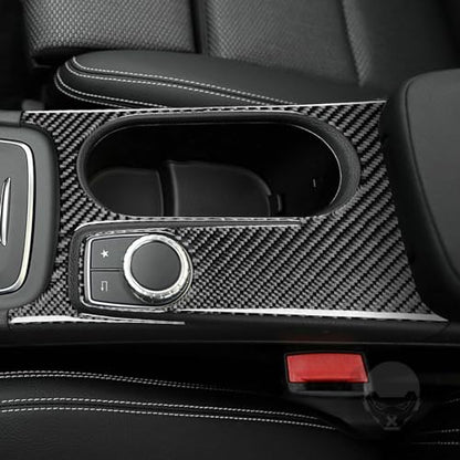 Real Carbon Fiber Car Center Control Armrests Box Multimedia Adjustment Water Cup Holder Frame Panel Sticker Cover Compatible with Benz CLA C117 2014-2018 GLA X156 2015-2019 Accessories Black - color: Center Armrests Multimedia Water Cup Holder Panel