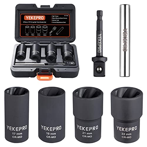 6 PCS Lug Nut Removal Tool, 1/2-inch Drive Impact Twist Socket Set & Bolt Extractor Set, 17,19,21,22MM Wheel Lock Removal Kit for Removing Damaged, Frozen, Rusted, Nuts & Screws, Cr-Mo Steel - size: 6-Piece Twist Socket Set