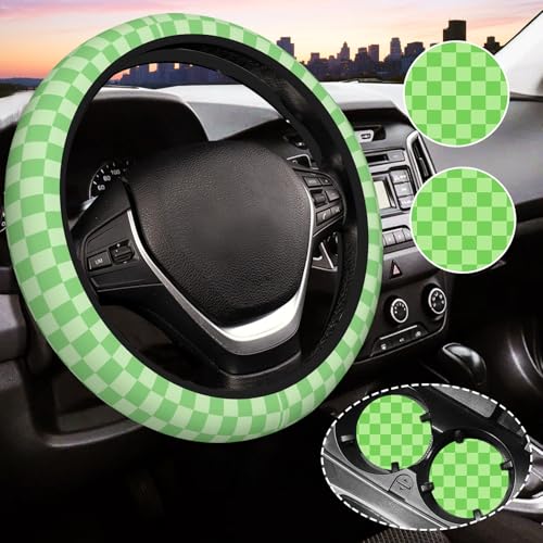 Light Green Steering Wheel Cover for Women,Universal Auto Steering Wheel 14-15 Inch Car Interior Accessories with 2PCS Car Coasters,Suitable for Men and Women - color: Light green