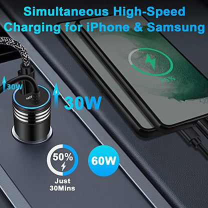 for iPhone 17e 17 Car Charger, 60W USB C Fast Car Adapter with 3FT Built-in Coiled USB C Fast Charging Cable for iPhone 17e 17 Pro Max 17 Pro Air 16e 16 Pro Max 16 Plus 15,Samsung Galaxy S26 A17 A56 - style: Coiled Cable