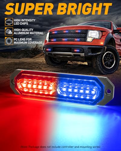 HLauto 1200T Emergency Strobe Grille Lights: 8pcs 12 LED Sync Feature Safety Warning Flashing Lights, Ultra Slim Surface Mount Hazard Caution Lights for Trucks, Vehicles, Car, ATV, UTV (Red Blue) - color: Red/Blue