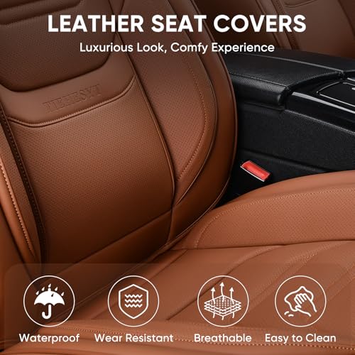 TIEHESYT Car Seat Covers Full Set, Breathable Leather Automotive Front and Rear Seat Covers & Headrest for Reduce The Driving Fatigue, Compatible with Most Vehicles, Cars (Brown, Front Pair and Rear) - color: Mature Brown, size: Front Pair and Rear