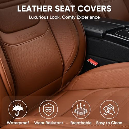 TIEHESYT Car Seat Covers Full Set, Breathable Leather Automotive Front and Rear Seat Covers & Headrest for Reduce The Driving Fatigue, Compatible with Most Vehicles, Cars (Brown, Front Pair and Rear) - color: Mature Brown, size: Front Pair and Rear