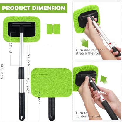 Frienda 3 Set Windshield Cleaner Tool Inside Car Window Cleaner Tool with 3 Extendable Handle 9 Reusable Microfiber Pads and 3 Spray Bottles for Auto Home Interior Exterior Glass Cleaning(Green) - color: Green