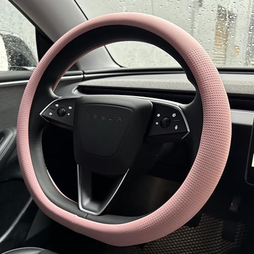 PINCTROT Nappa Leather Steering Wheel Cover for Tesla Model Y/3 Highland/Juniper, D Shaped 14 Inch Small Sized with Breathable Perforation, Fit Like Gloves, Flat Bottom 14 Inch(Nappa Pink) - color: 04.Pink, size: Small D Shaped/Flat Bottom[14''-14 1/4'']