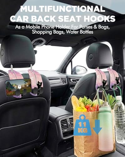 WOCOCN 2 Pack Car Purse Hook for Car Seat Headrest, Double-Sided PrintingPU Leather Purse Holder with Metal Hook, Cute Car Accessories for Women, Men (Car hook - Pink Starry Sky Cat) - color: Car hook - Pink Starry Sky Cat