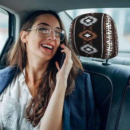Black Aztec Car Seat Headrest Covers Universal Size Western Southwest Head Rest Wrap Cover Soft Breathable Native American Cars Accessories 2 Packs Headrest Cushion Case - color: Black Aztec