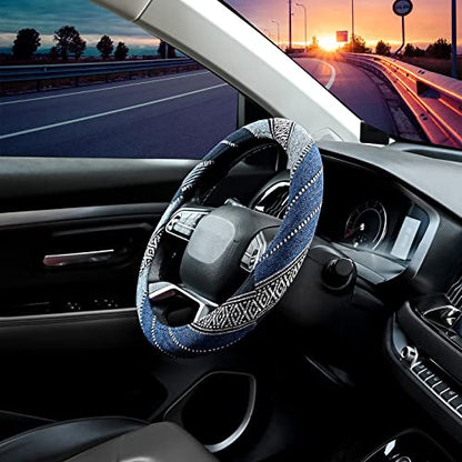Valleycomfy Cloth Steering Wheel Covers for Women Bohemian Universal 15 inch Baja Blanket Enthic Blue - color: ClothD