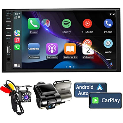 Naifay Double Din Car Stereo with Dash Cam | 7INCH Touchscreen Car Radio Receivers Support with Apple Carplay & Android Auto, Bluetooth, Backup Camera, Mirror Link, Voice Control, SWC, FM/USB/TF/AUX - color: with Carplay&Android auto + Dash Cam