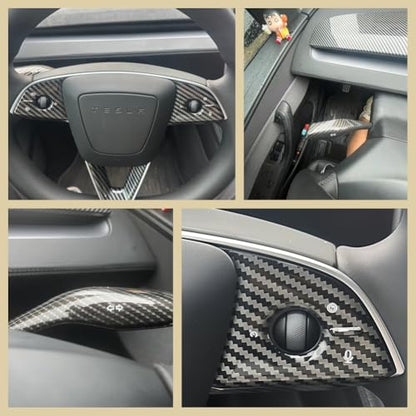 5PCS Steering Wheel Trim Cover and Gear Shift Cover for New Tesla Model 3/Y,Matte Carbon Pattern Tesla Interior Accessories for Tesla Model Y Juniper and Tesla Model 3 Highland (Carbon Pattern)