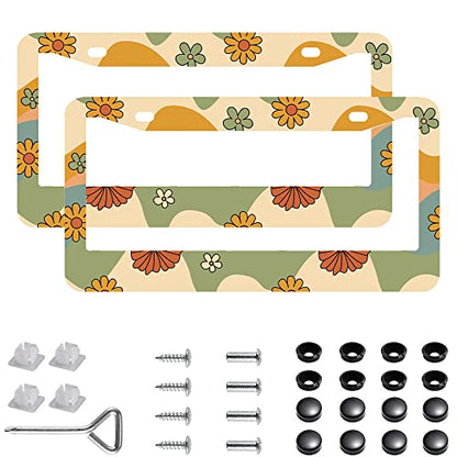 2Pcs Flower Retro License Plate Frames Cover Holders Stainless Steel Retro Flowers License Plate Cover with Screw Caps Cover and Screwdriver Set - 2-Hole for Girl Women (Flower Retro) - color: Flower Retro