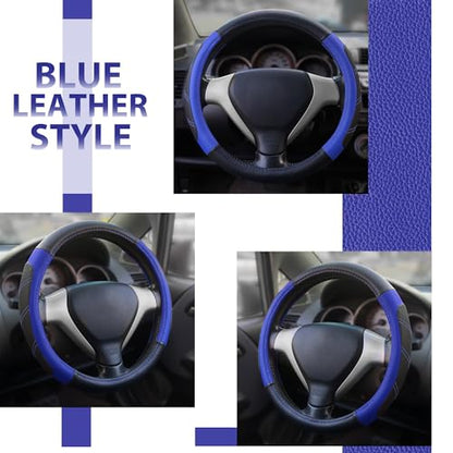 Elantrip Steering Wheel Cover Leather 14 1/2 to 15 inch Universal Padded Soft Grip Breathable for Car Truck SUV Jeep Anti Slip Blue and Black - color: Black and Blue, size: 14 1/2 - 15 Inch