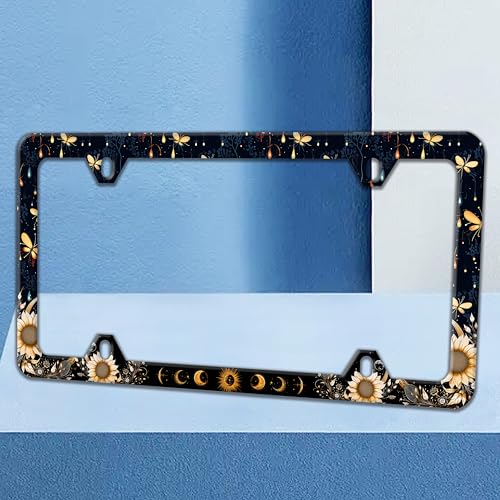Moon Phase License Plate Frame Night Dream Butterfly Sunflower License Plate Holders Funny Auto Accessory Bracket Stainless Steel License Plate Frames with Screws for Women Men 6x12 Inch 4 Holes - color: Moon Phase