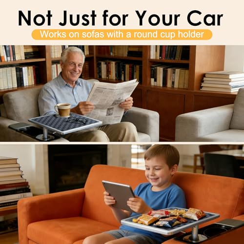 Car Food Tray & Car Table Tray with Car-Grade Aluminum Cup Holder & Phone Stand,360° Rotating Car Desk for Laptop & Eating, Compatible with Tesla Model Y/3/S, Best Fit Round Cup Holder (2.28" - 3.66") - color: 𝗦𝗾𝘂𝗮𝗿𝗲 · Grey&Black