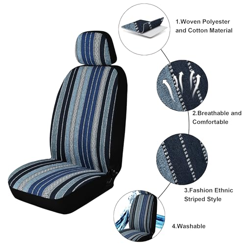Baja Saddle Blanket Car Seat Covers, Boho Striped Woven Front Seat Protectors, Washable & Breathable Interior Covers, Universal Fit for Most Cars SUVs Trucks, Airbag Compatible, Blue, 2 pcs. - color: BLUE-0
