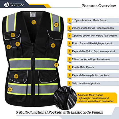 JKSafety Women Hi-Vis Reflective Safety Vest | Neon Color body Sewed Reflective Strips Breathable Lightweight ANSI Compliant - color: V168-black, size: Large