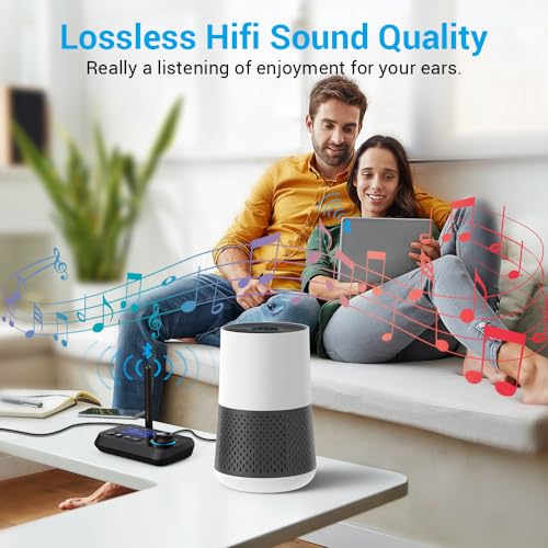 Bluetooth Transmitter Receiver 3-in-1 Bluetooth 5.3 Audio Adapter for 2 Headphones with Bypass Volume Control ON/Off Switch LCD Display 3.5mm Aux/Optical/RCA for Home Stereo TV Speaker PC - color: All Black