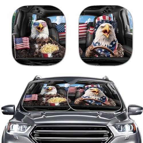 Bald Eagle Car Sun Shade Front Windshield Funny Auto Front Window Cover American Flag Sun Visor Blocks UV Sun, 2 Pieces Automotive Interior Decor Accessories for Sun Protection - color: Eagle American Flag
