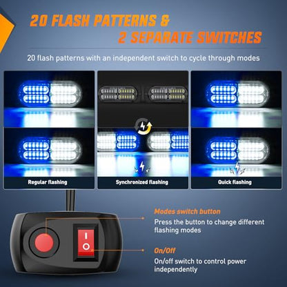 Nilight 4PCS LED Strobe lights 12V 24V Sync Feature Blue White 24LED Emergency Hazard Warning Lights with Controller Hard Wire or Cigarette Lighter Plug for Car Truck RVs Campers - color: Blue White w/Controller