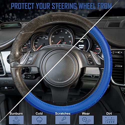 CAR PASS Bling Diamond Leather Steering Wheel Cover, with Bling Sparkly Crystal Glitter Rhinestones Universal Fit 14" 1/2-15" Car Wheel Protect for Women Girl Fit Suvs,Vans,Sedans,Cars,Trucks, Blue - color: Blue Leather Diamond