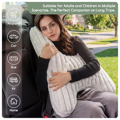 HIGOGOGO Washable Travel Pillow, Car Pillow for Kids & Adults, Upgraded Travel Pillows with Removable Soft Cover and High-Support Foam, Fix Neck and Body Sitting/Sleeping on The Trip, Beige - color: A-beige