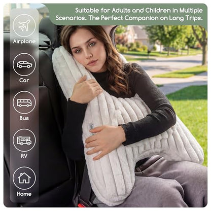 HIGOGOGO Washable Travel Pillow, Car Pillow for Kids & Adults, Upgraded Travel Pillows with Removable Soft Cover and High-Support Foam, Fix Neck and Body Sitting/Sleeping on The Trip, Beige - color: A-beige