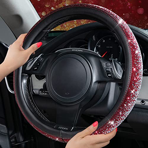 CAR PASS Bling Diamond Leather Steering Wheel Cover, Bling Sparkly Crystal Glitter Rhinestones Universal Fit 14" 1/2-15" Car Wheel Protector for Women Girl Fit Suvs,Vans,Sedans,Trucks, Red Silver - color: Red Silver Diamond