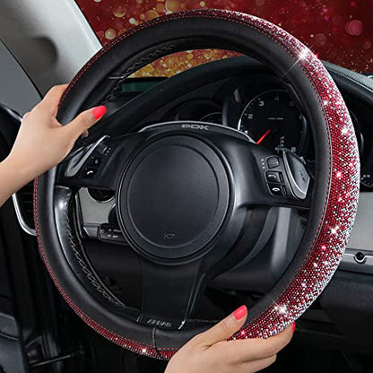 CAR PASS Bling Diamond Leather Steering Wheel Cover, Bling Sparkly Crystal Glitter Rhinestones Universal Fit 14" 1/2-15" Car Wheel Protector for Women Girl Fit Suvs,Vans,Sedans,Trucks, Red Silver - color: Red Silver Diamond