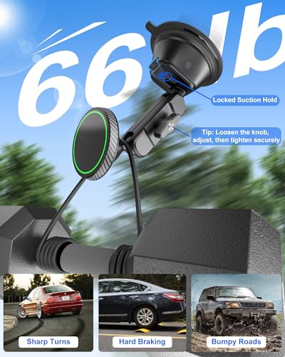 Magnetic Vacuum Suction Cup Phone Mount for Truck & Car, Heavy Duty Semi Truck Holder, 17x Strong Magnets, Adjustable Aluminum Arm Windshield Dashboard Window Mount for MagSafe iPhone 12–17 & Samsung