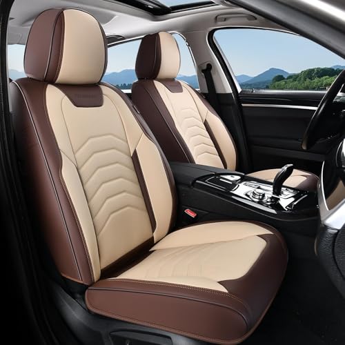 Coverado Seat Covers, Car Seat Covers Front Seats, Faux Leather Automotive Seat Covers Luxury Waterproof Car Seat Cover Protectors Carseat Cover Universal Fit for Most Cars Trucks SUV, Coffee&Beige - color: Coffee&Beige(Line), size: Front