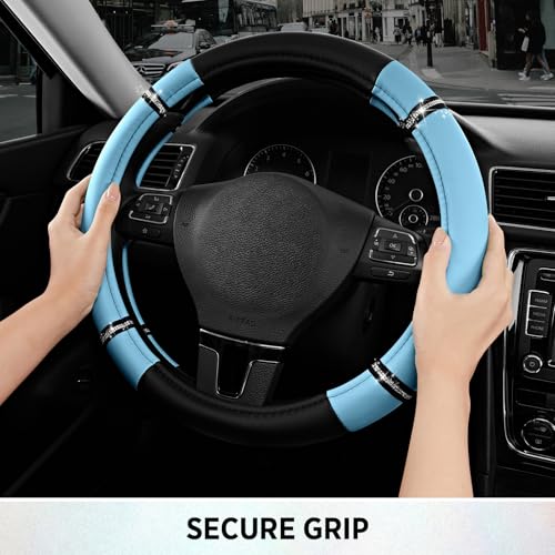 Road Comfort Leather Steering Wheel Cover – Premium Anti-Slip Car Steering Wheel Grip Cover – Universal Fit for 14.5”–15” Cars, Trucks & SUVs - Blue - color: Blue