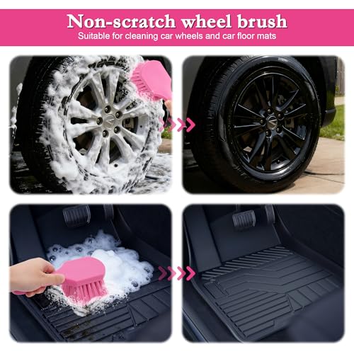 Pink Tire Brush for Women – 8.2" Soft Flagged-Tip Tire Cleaning Brush, Gentle on Wheels & Rims, Cars, Trucks & Motorcycles