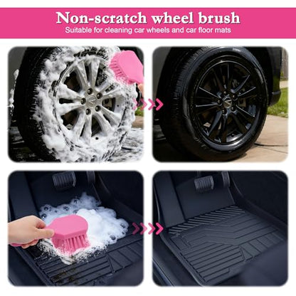Pink Tire Brush for Women – 8.2" Soft Flagged-Tip Tire Cleaning Brush, Gentle on Wheels & Rims, Cars, Trucks & Motorcycles