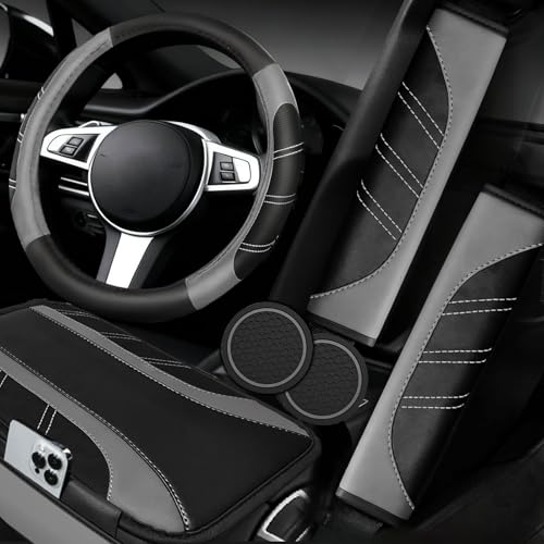 NBTEPEM 6 Pcs Grey Car Accessories Set, Sport Leather Steering Wheel Cover 14.5-15inch Universal, Microfiber Leather Car Center Console Cover, Seat Belt Cushion, Cup Holder Coaster (Black-Grey) - color: Grey, size: Steering Wheel Cover Set