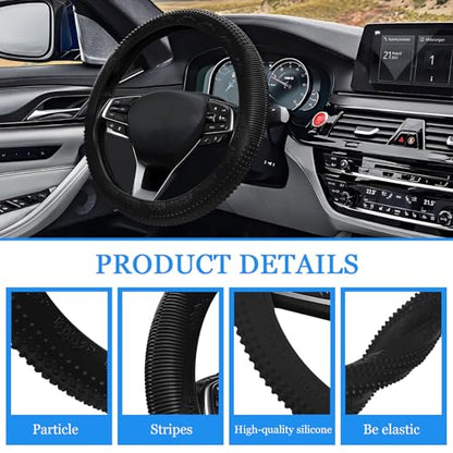 Wuyaoyao Car Steering Wheel Cover, Anti-Slip Silicone Steering Wheel Cover Protector, Non-Slip Massage Grip Auto Wheel Cover Fits 14-15 Inch, Universal Interior Car Accessories (Black)