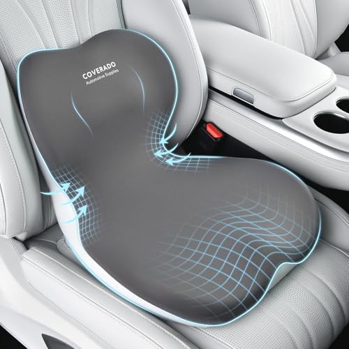 Coverado [Upgraded] Car Seat Cushion and Lumbar Support Pillow One Piece, Memory Foam Ergonomic Back Support Driving Seat Cushion for Back Pain, Non-Slip Washable Cushion for Car, Driver, Office - color: Gray, size: 1 Peice