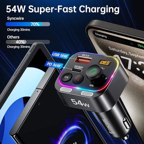 Syncwire Bluetooth 5.4 FM Transmitter Car Adapter 54W (PD 36W & 18W) [Stronger Dual Mics] [Light Switch] [HiFi Bass Sound] [Fast Charging] Wireless Radio Receiver Hands-Free Calling LED Display - color: Black