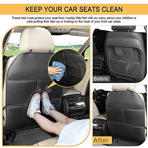 2 Pack PU Leather Kick Mat Back Seat Protector With 3 Storage Pockets, Universal Car Seat Back Organizer For Kids Pets, Waterproof Backseat Protector For Most Car (Black)