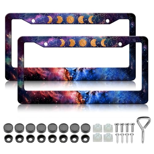 Moon Phase License Plate Frame - 2PCS Galaxy Mighty Wolf Stainless Steel Metal License Plate Holder, Rust-Proof Waterproof Car Decorative Tag Frames - color: Moon Phase